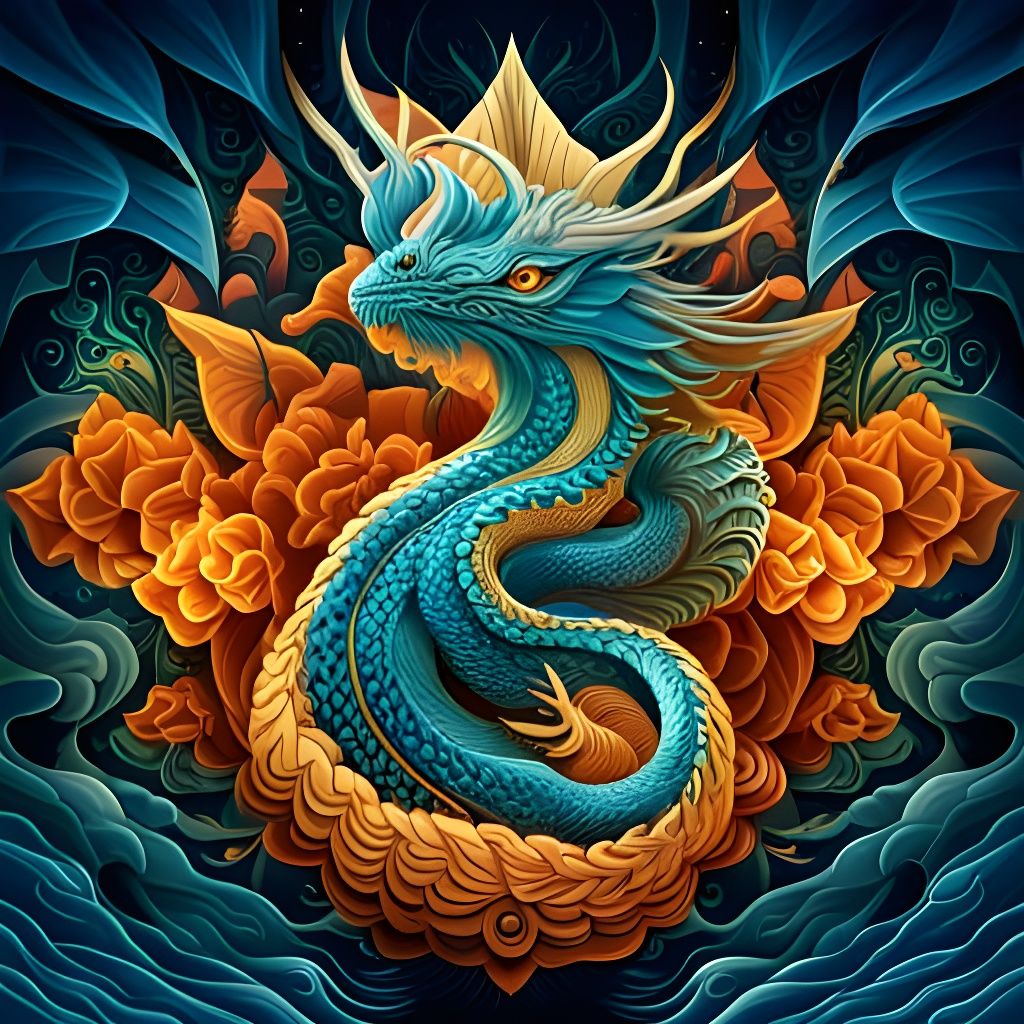 Majestic Aqua Dragon in Liquid Gouache Style