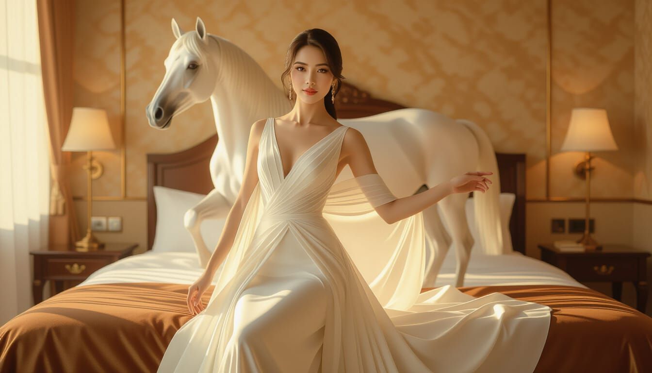 Elegant Thai Woman in Sheer Gown Poses on Luxurious Bed