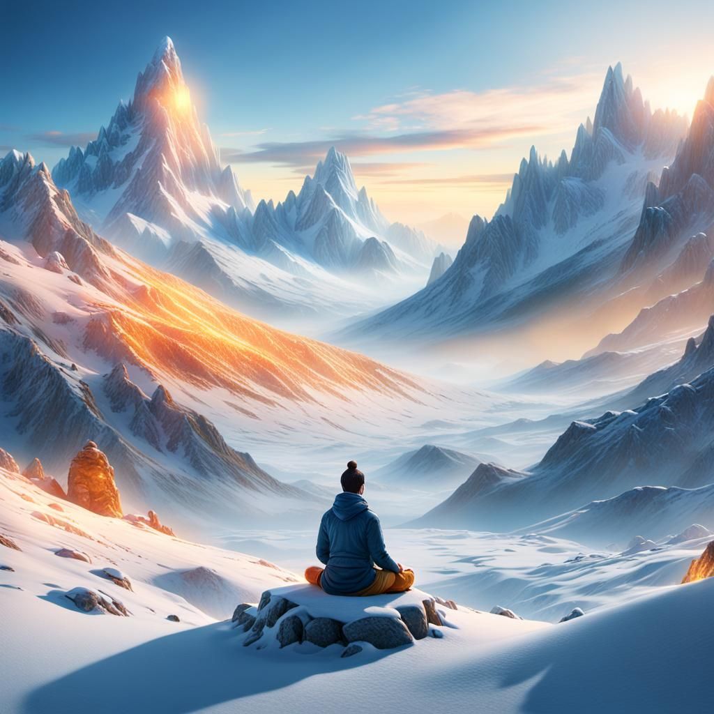 Meditating Figure in Snow-Covered Mountain Landscape