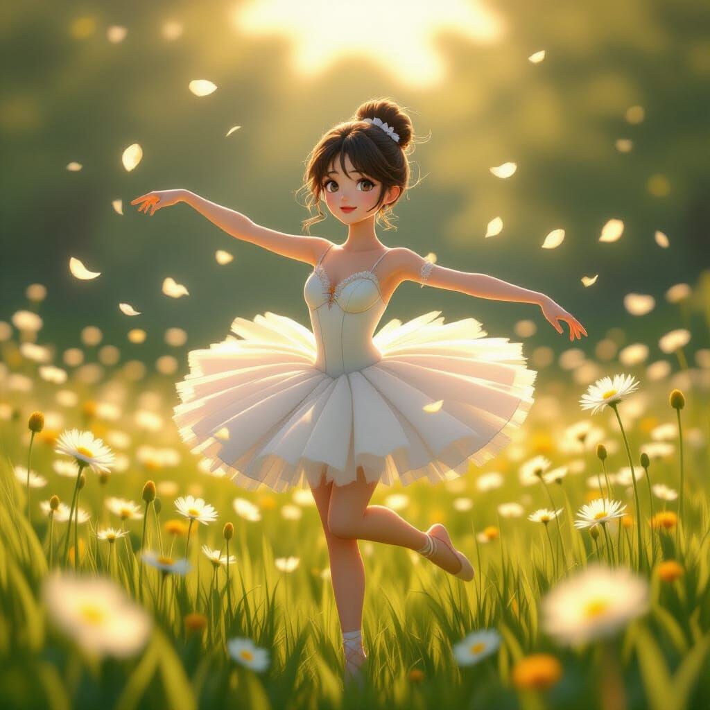 Dandelion Ballerina Dances in Sunlit Flower Field