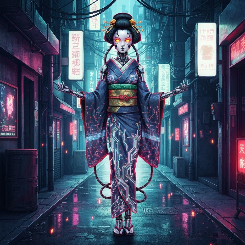 Cyborg Geisha in Futuristic Tokyo Alleyway