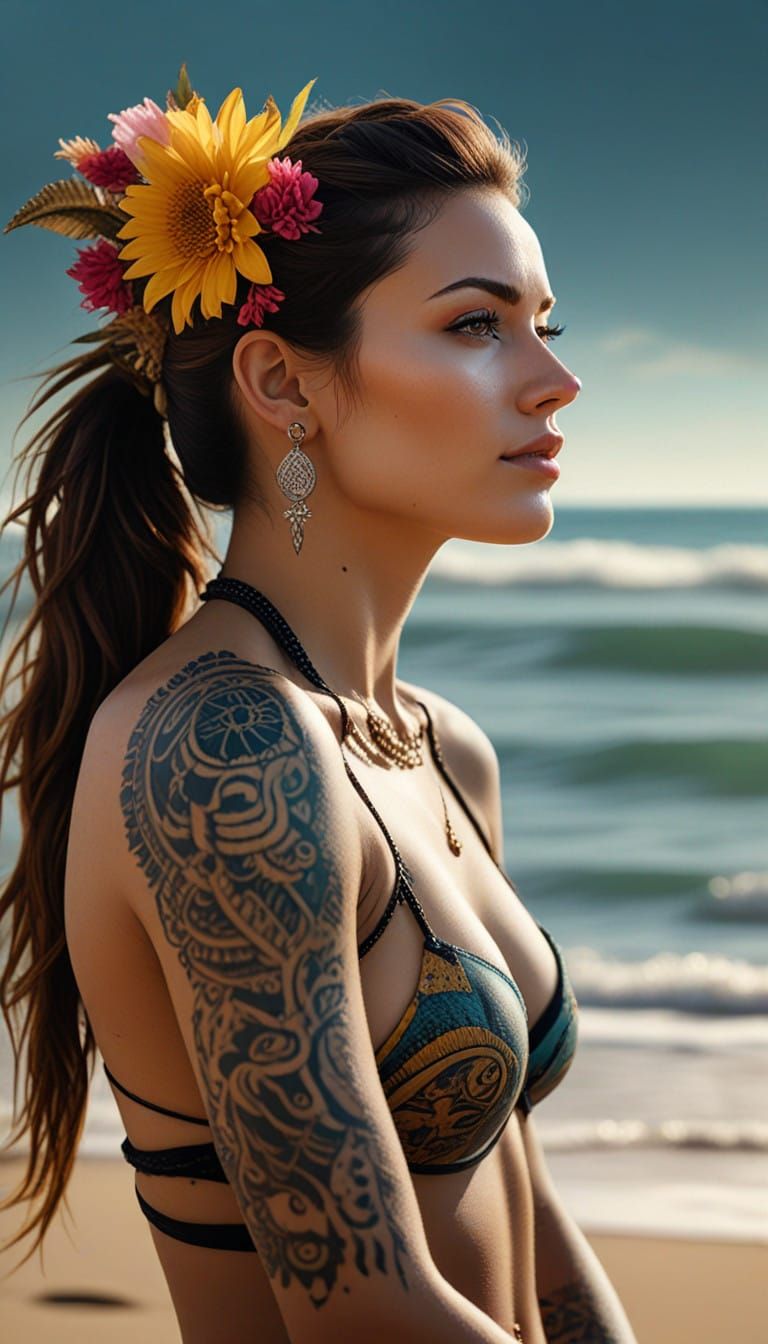 Tropical Goddess with Vibrant Hair and Intricate Tattoos