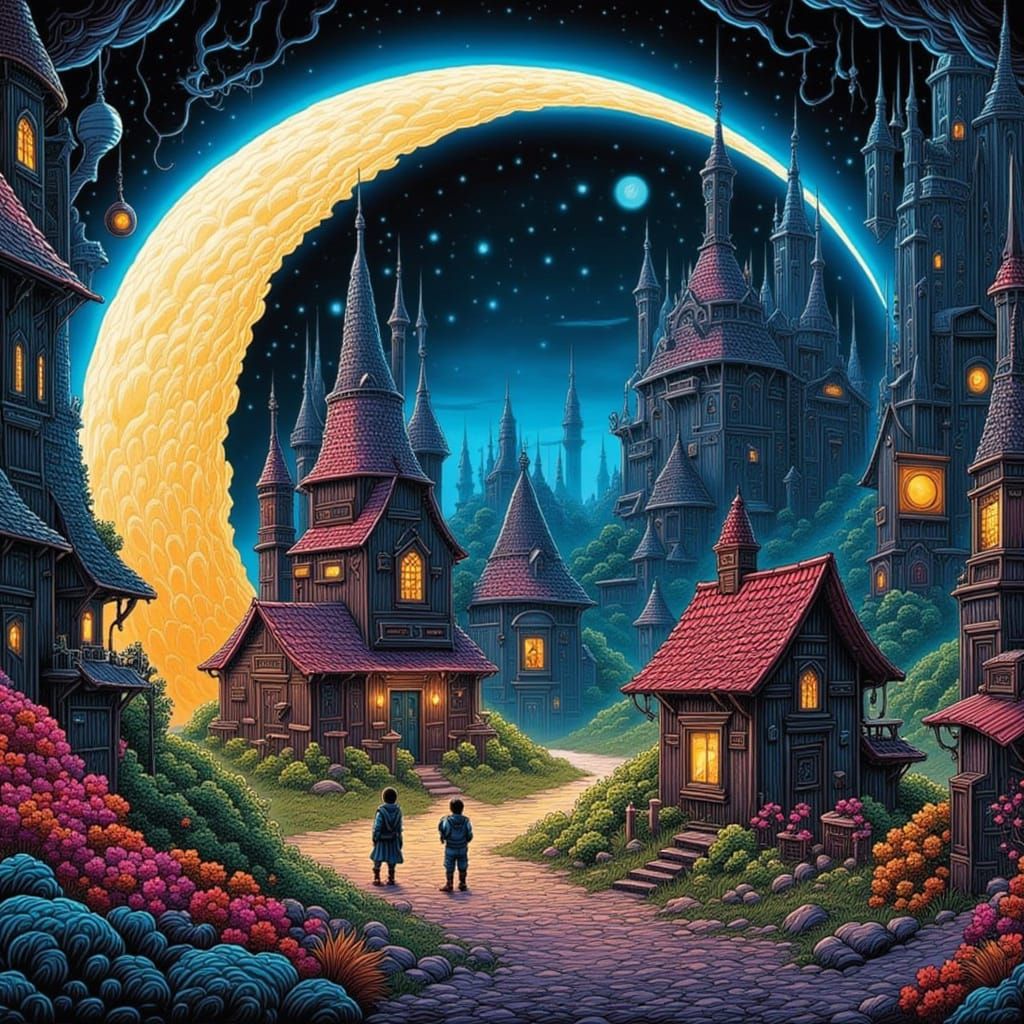 Village in Crescent Moon: Psychedelic Digital Art