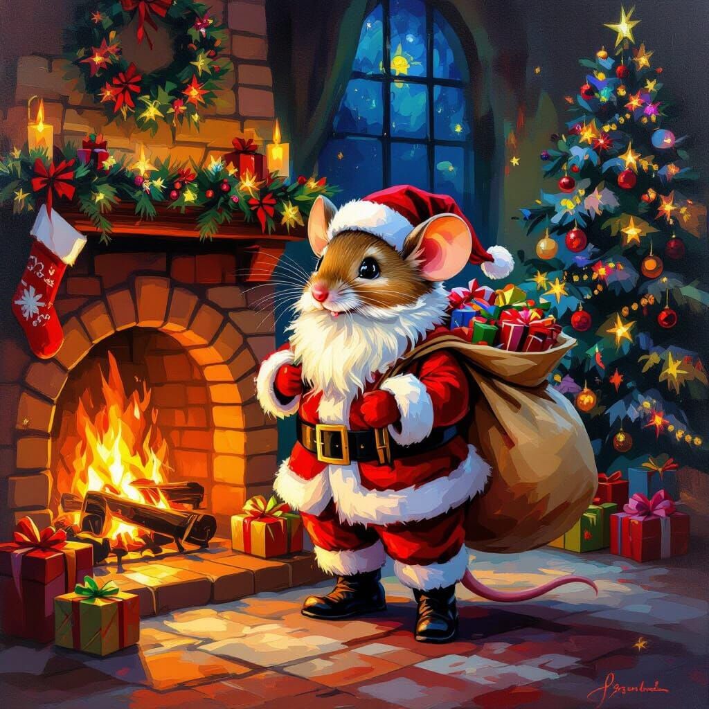 Santa Mouse by Fireplace on Christmas Eve