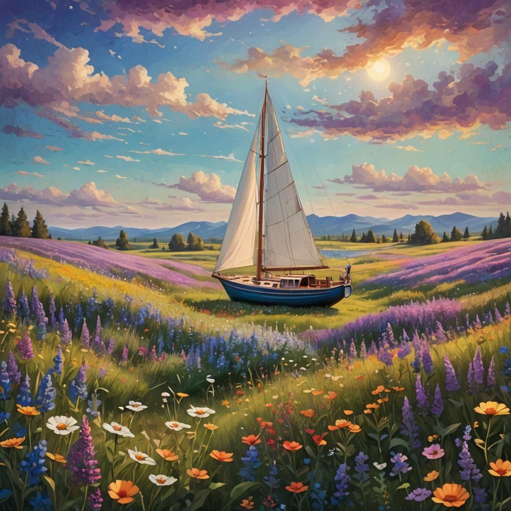Sailboat Glides Through Wildflower Field: Fantasy Art