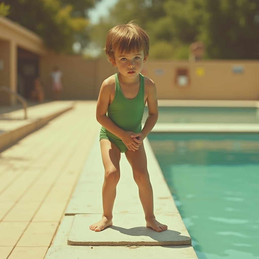 Young Boy Prepares to Dive from Diving Board in Nostalgic 19...