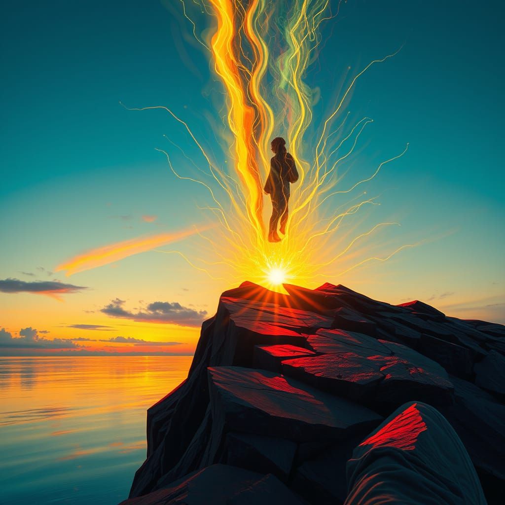 Abstract Figure on Cliff Edge at Dawn, Surreal Style