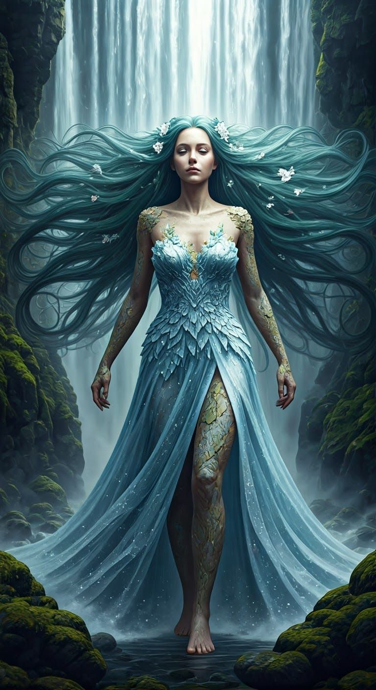 Ethereal Stone Giantess Emerges from Misty Cliffside