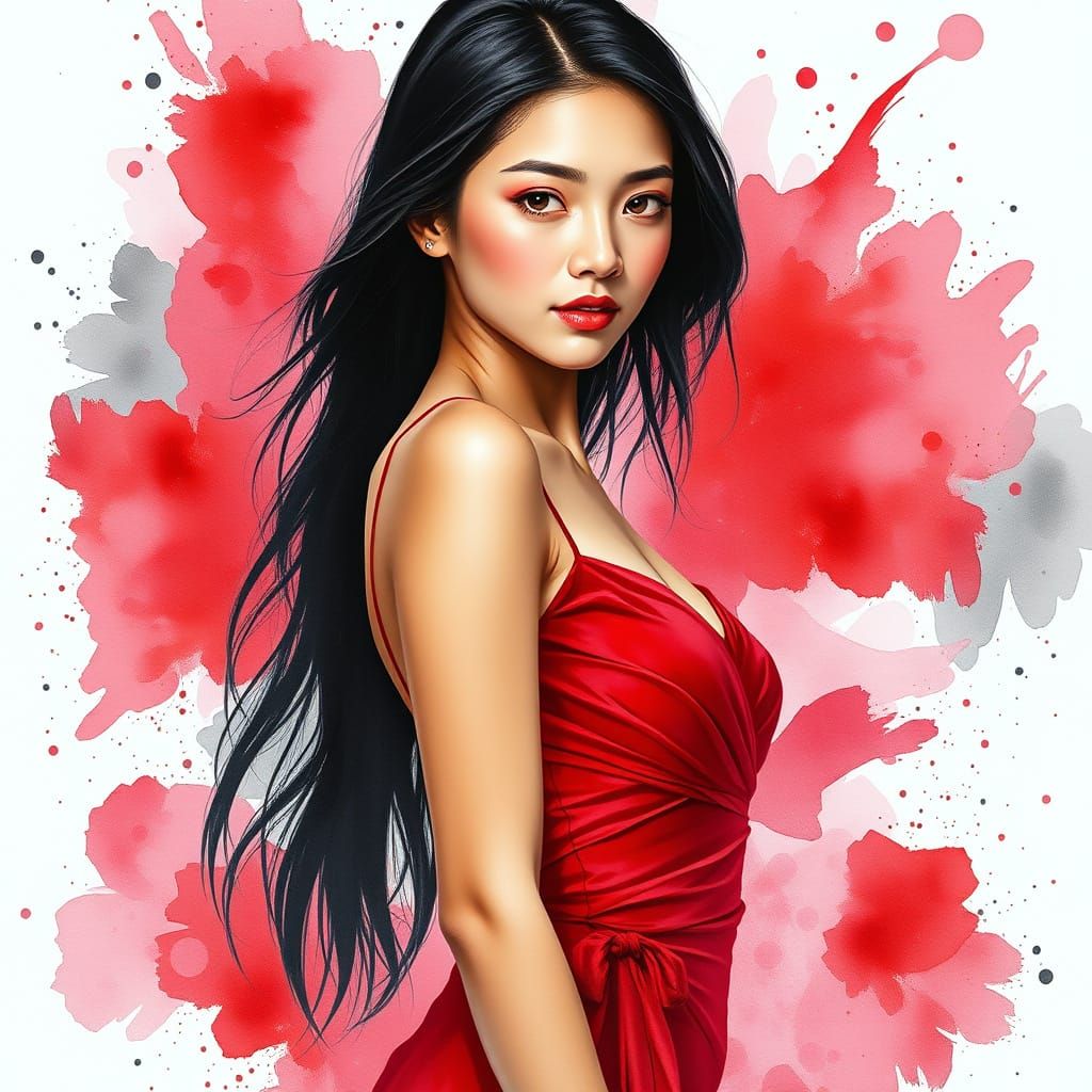 Filipina Woman in Crimson Dress with Watercolor Accents