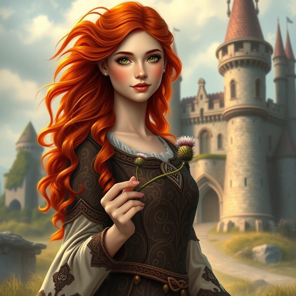 Stunning Redhead in Medieval Dress, Holding Thistle in Front...