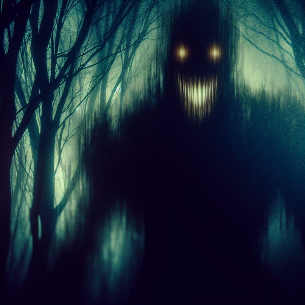 Eerie Shadow Figure in Haunted Dark Forest