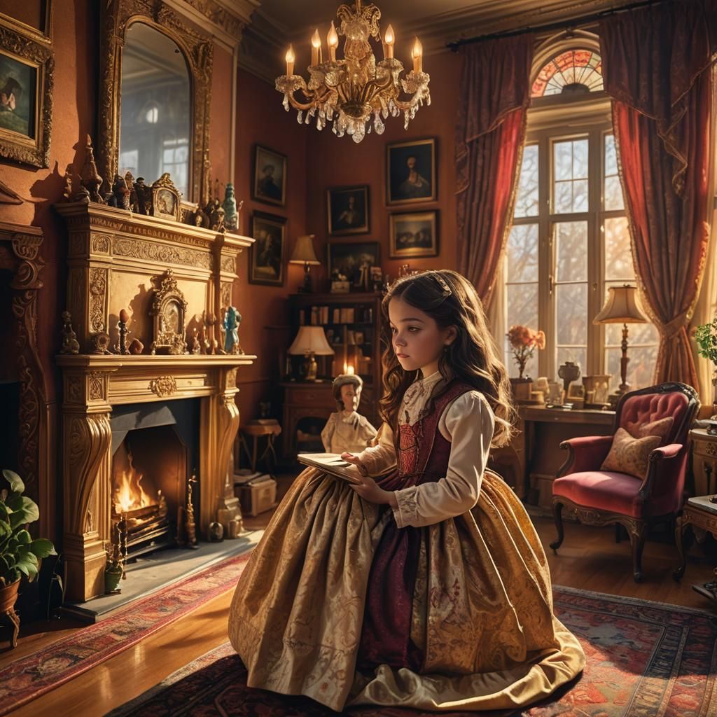 Victorian Girl and Dollhouse in Rembrandt Lighting