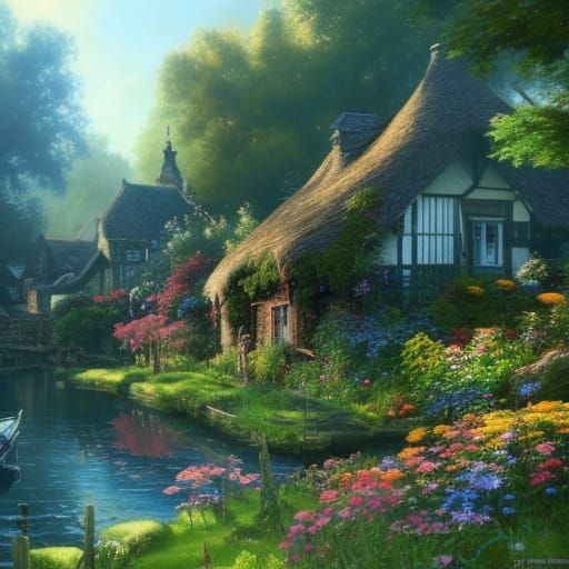 Enchanting Cottagecore Village with Lush Gardens