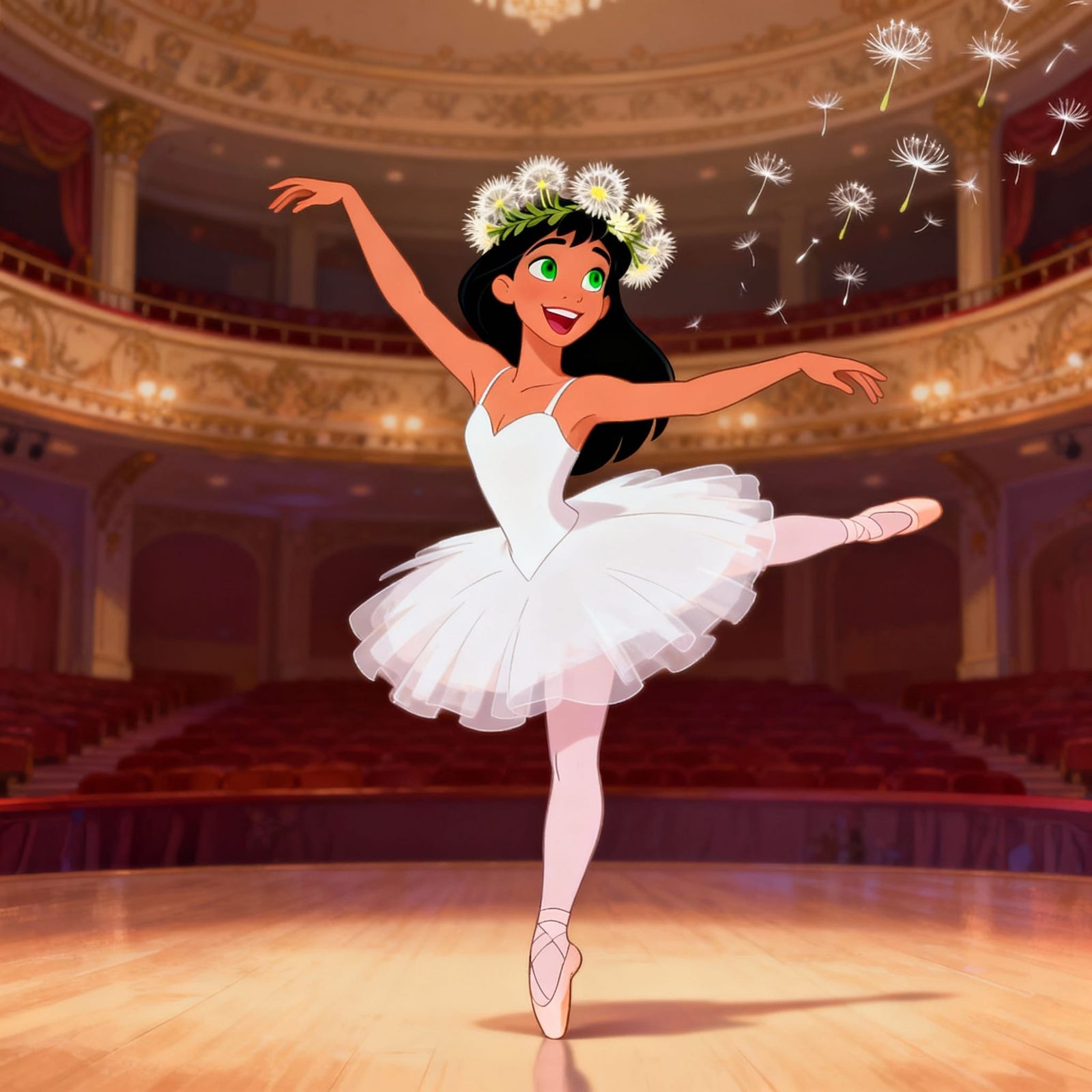 Young Ballerina with Dandelion Crown in Disney Style