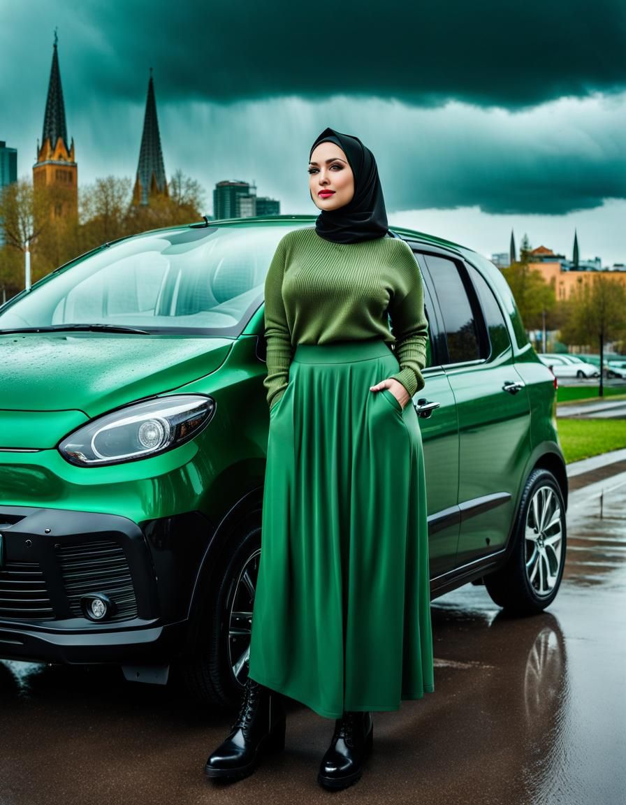Woman in Hijab Posing Next to Car in Van Gogh Style