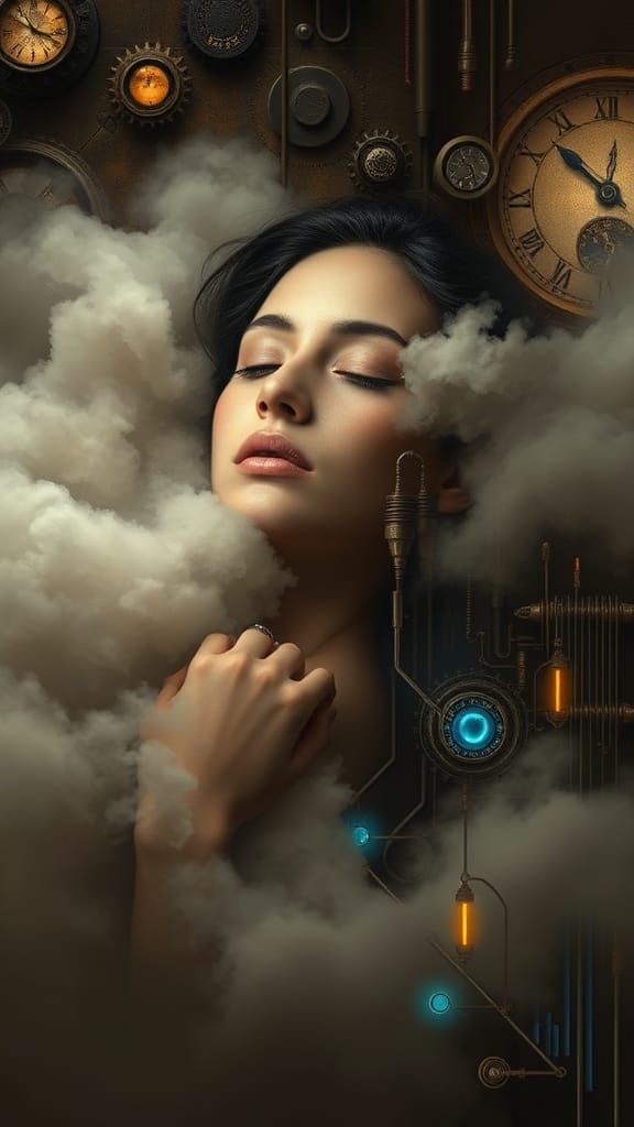 Surrealist Steampunk Woman in Dreamlike, Pastel Hues