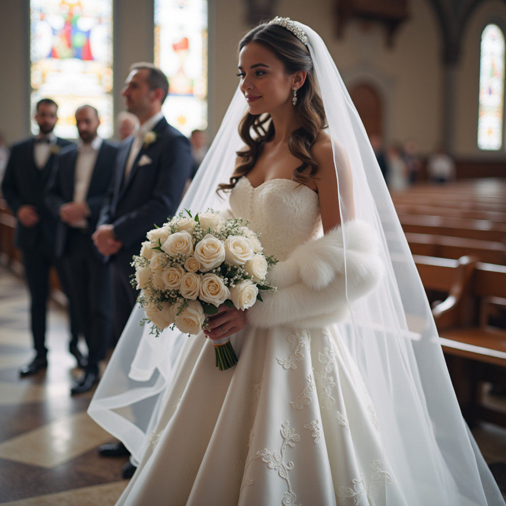 Romantic Bride in Gown Walking Down Church Aisle