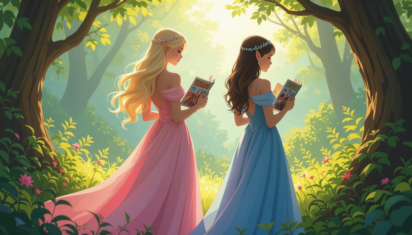 Elven Sisters Reading Comics in a Sunlit Forest