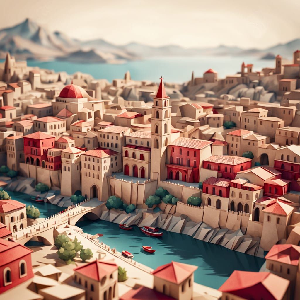 Papercraft Mediterranean City in Origami Style