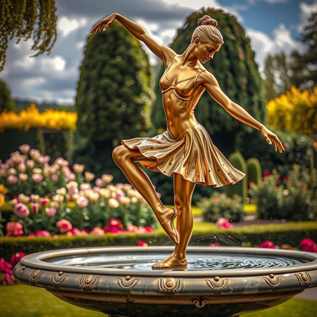 Golden Ballerina Statue Dancing on Water Fountain