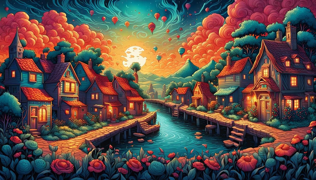 Lively Summer Village Scene in Comic Art Style