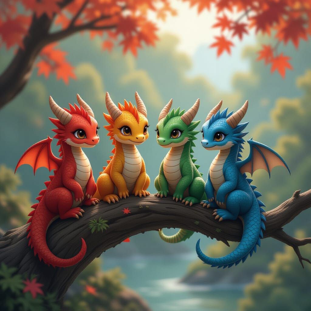 Four Seasons Baby Dragons in Japanese Art Style