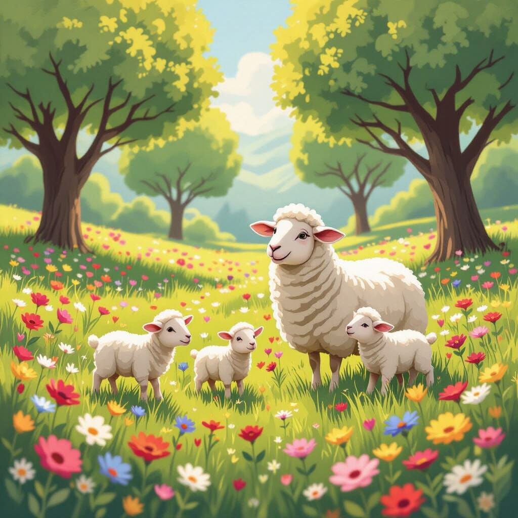 Sheep and Lambs in a Flower-Filled Meadow