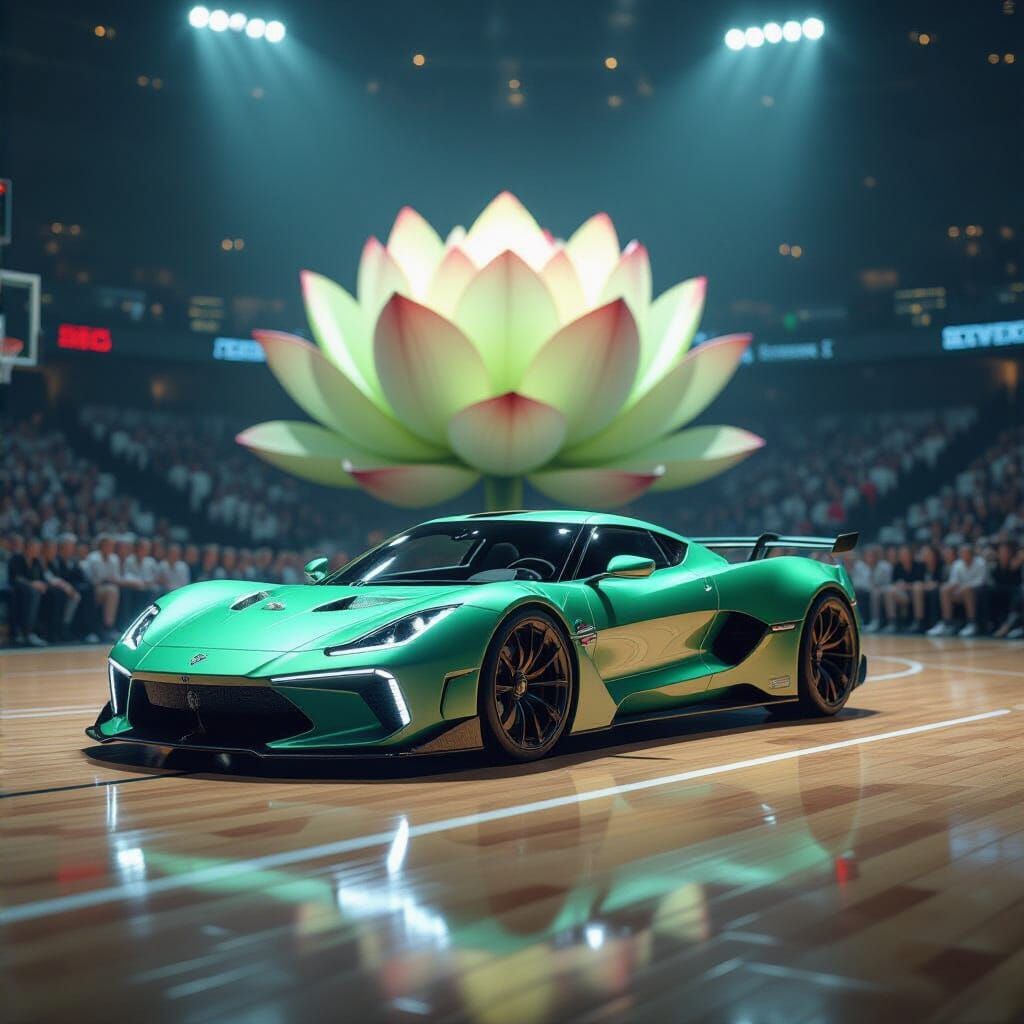 Lotus Evija on Basketball Court, Hyperrealistic Digital Art