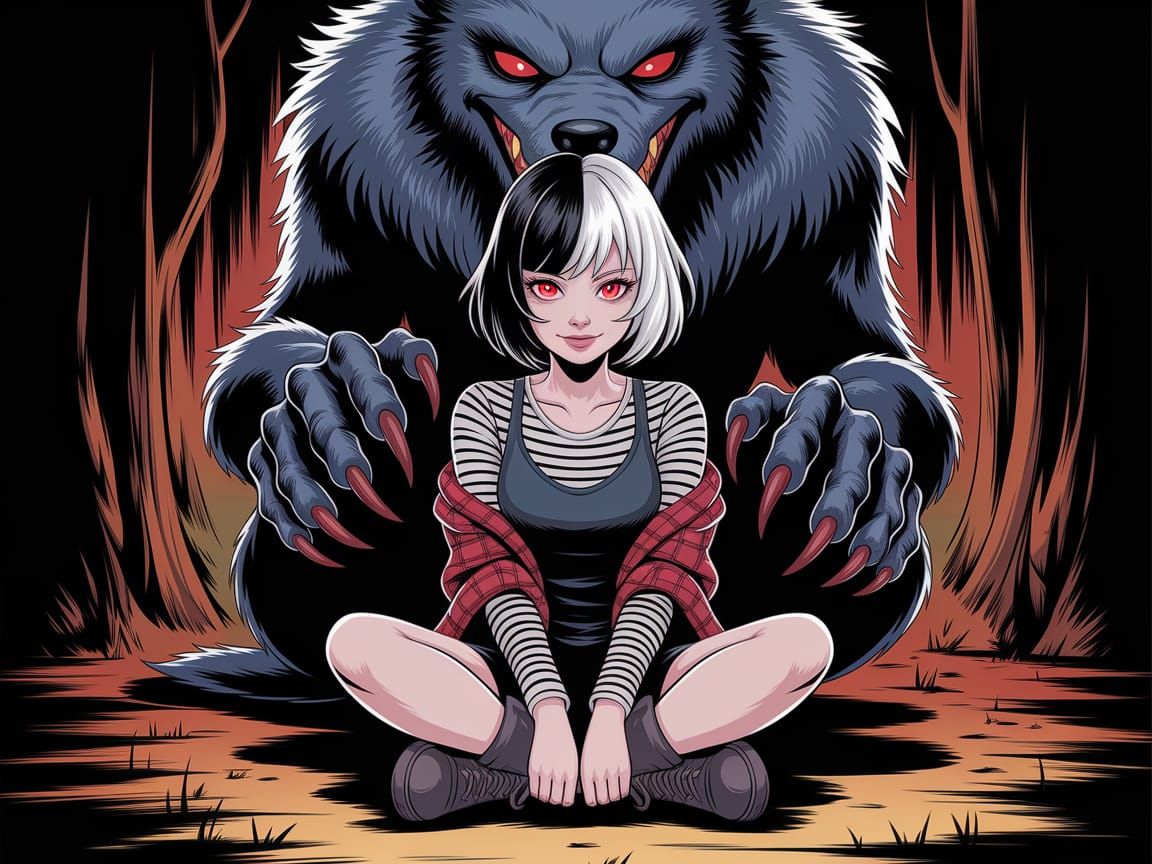 Eerie Anime Girl with Monster Companion in Digital Art Style