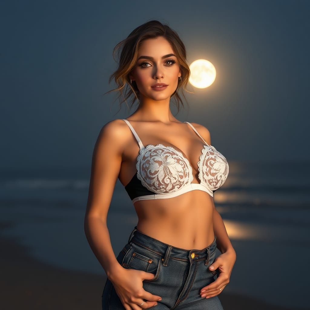 Model in Heart Bra on Moonlit Beach