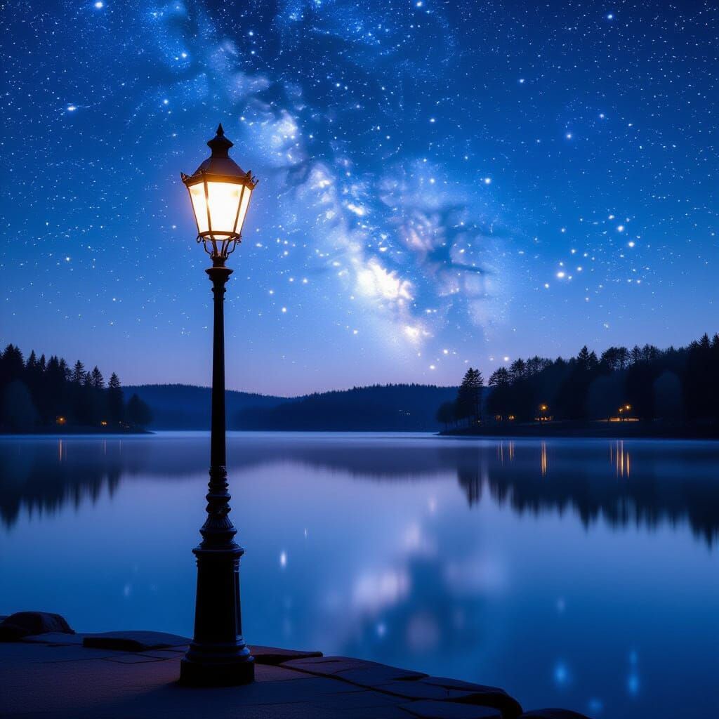 Ornate Streetlamp Reflects Starry Sky Over Serene Lake