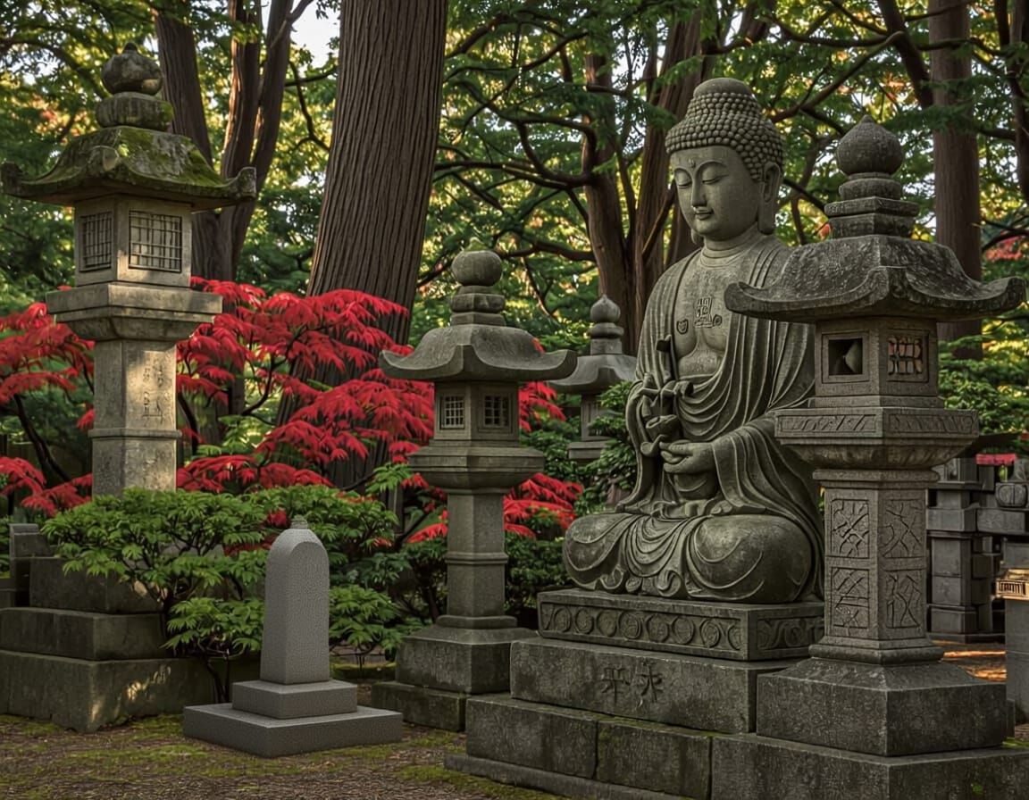 Serene Japanese Graveyard with Buddha Statue and Red Maples