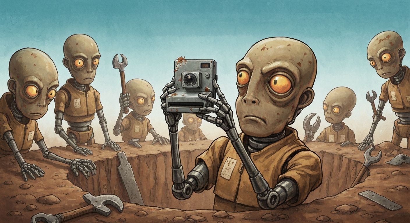 Alien Robots Discover Polaroid Camera in Gouache Style