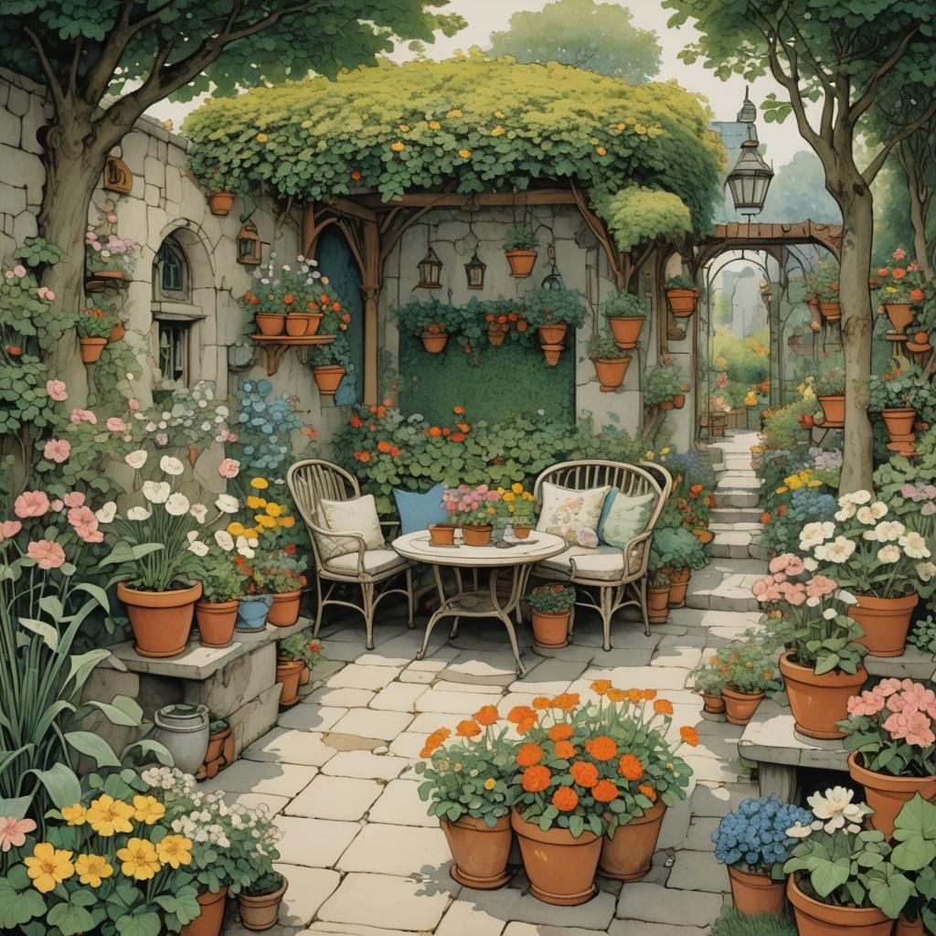 Cozy Garden Seating Area in Golden Age Comic Style