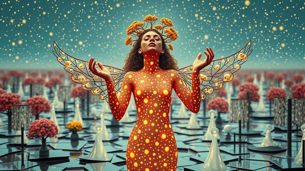 Dreamlike Goddess with Interconnected Ecosystems in Dotted H...
