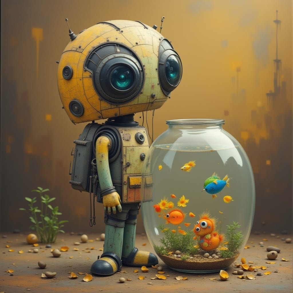 Cute Robot Holding a Fishbowl