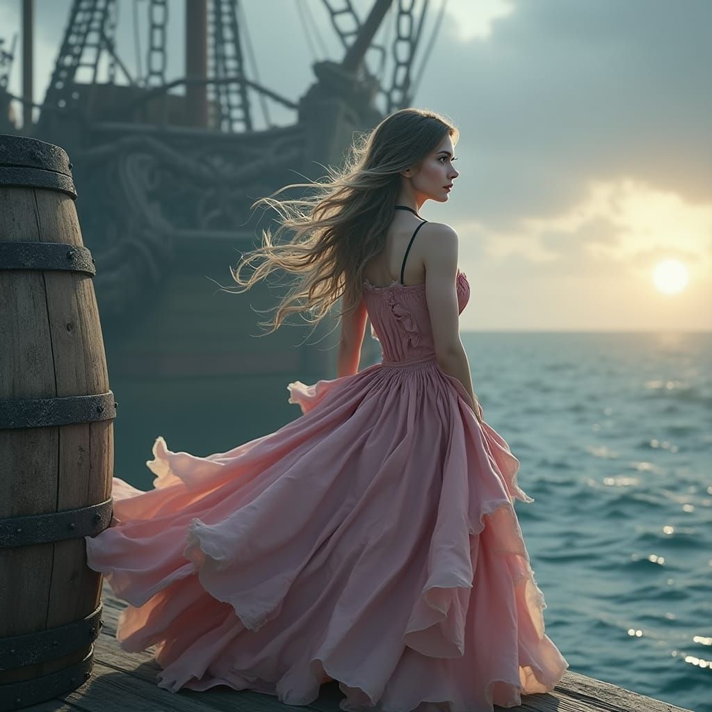 Handsome Young Man on Weathered Keg Barrel, Pirate Ship Back...