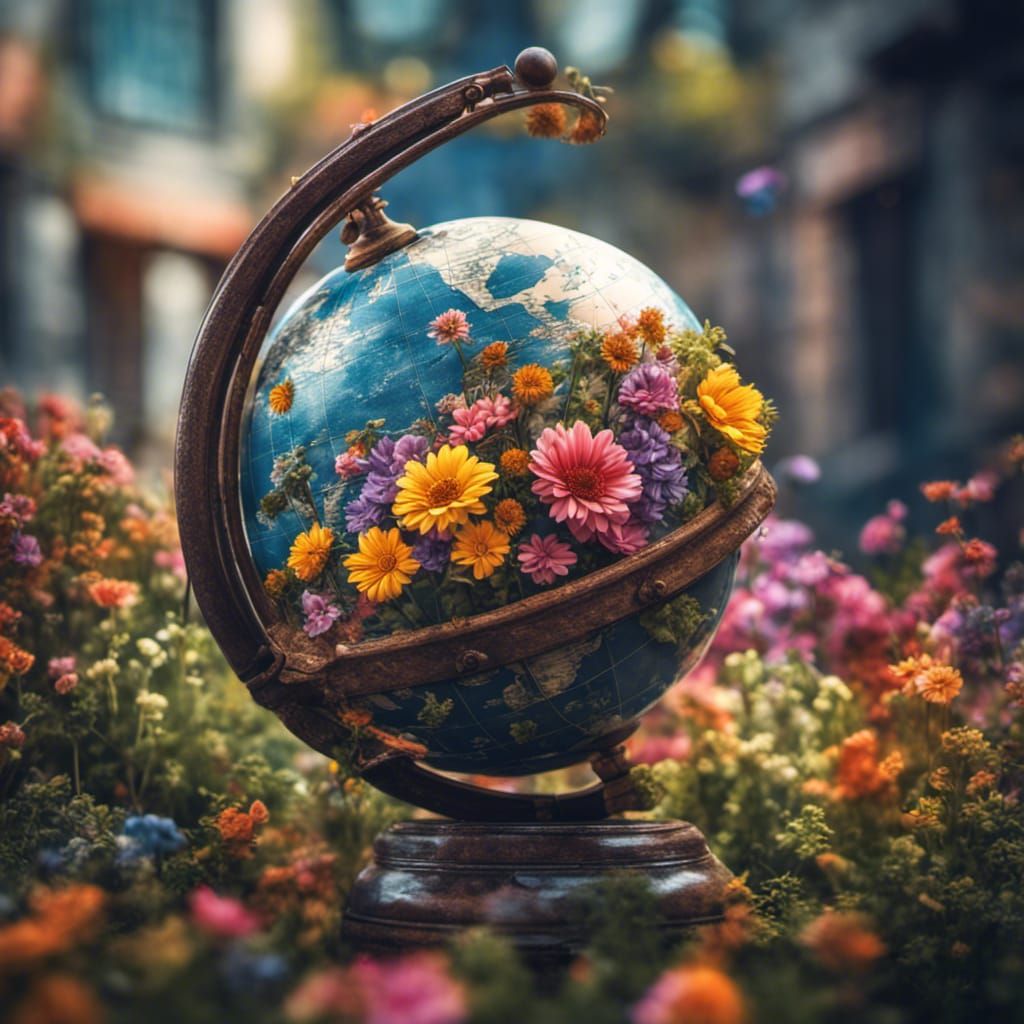 Cartoon Flowers in World Globe, Hyperrealistic Style