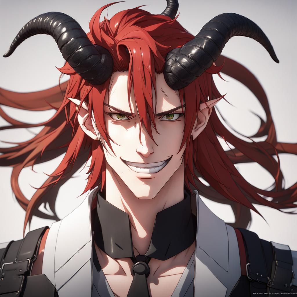 Handsome Horned Man with Red Hair in 3D Anime Style