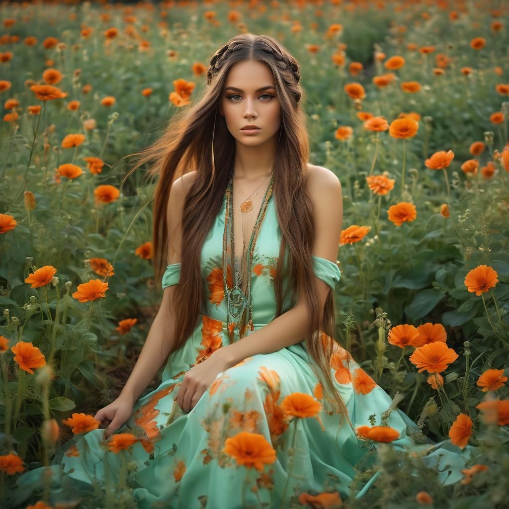 Fashion Model in Orange Flower Field at Sunset