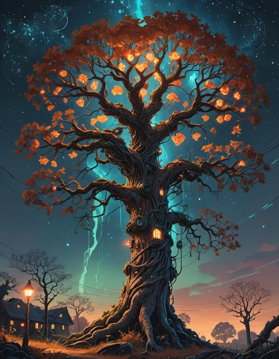Majestic World Tree Under Starry Night Sky