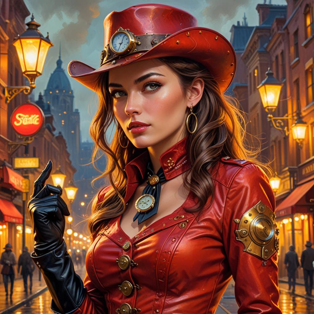 Steampunk Cowgirl in Red Dress Oil Painting