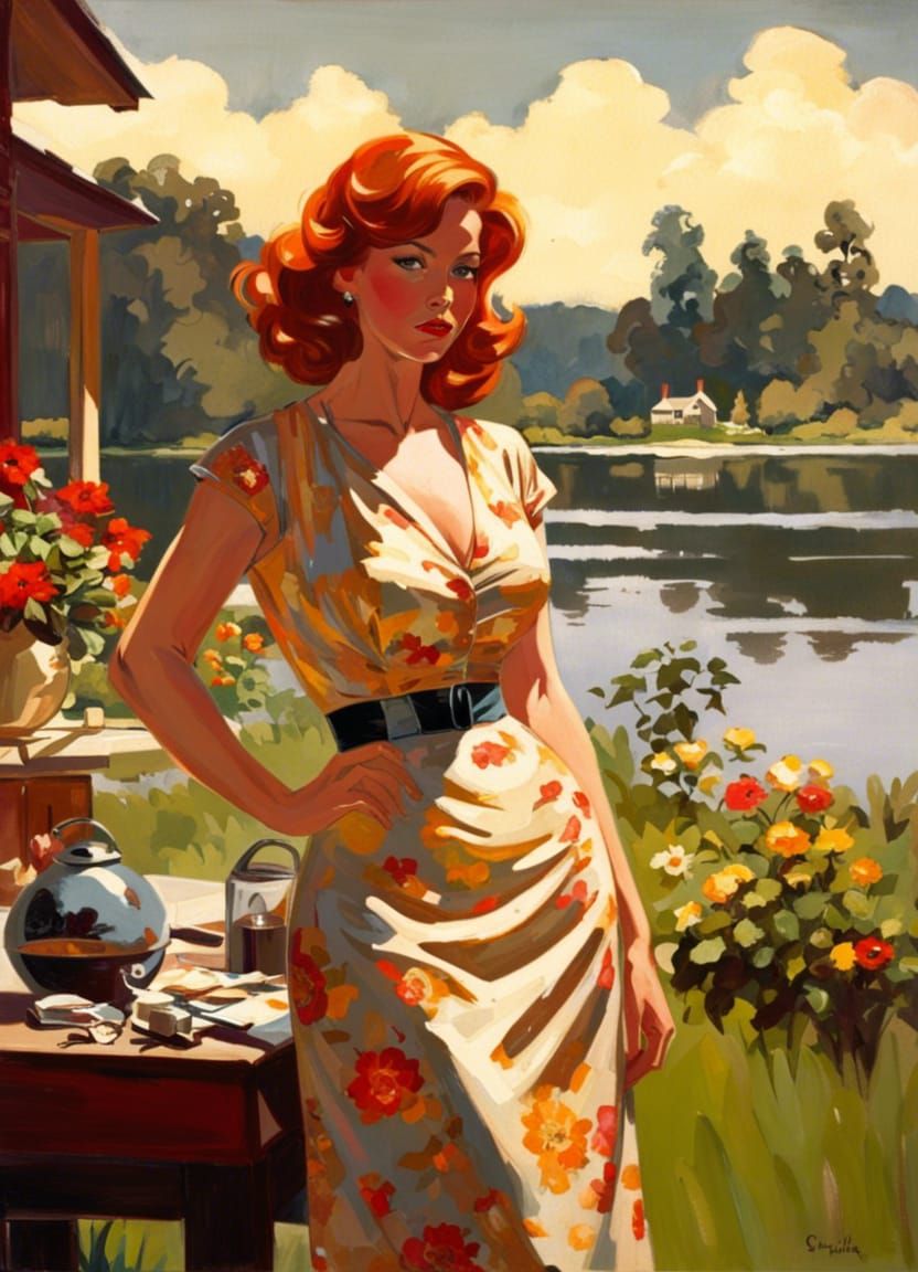 Vintage Pin-Up Girl on Lake House Patio