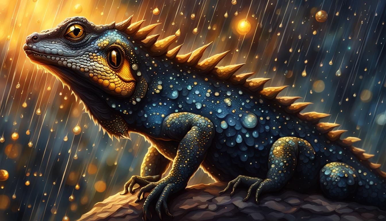 Dark Fantasy Lizard in Rain, Detailed Oil Painting