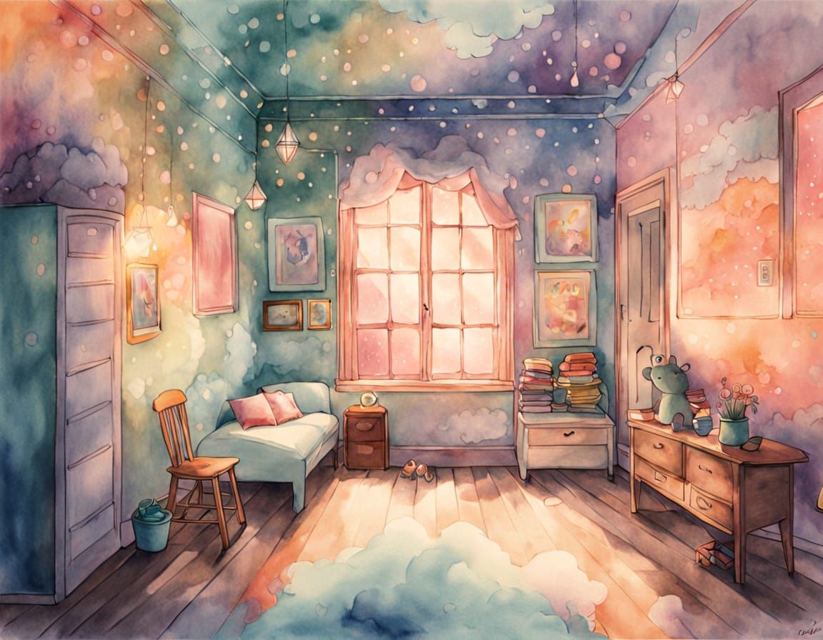 Dreamy Kidcore Hallway in Watercolor Style