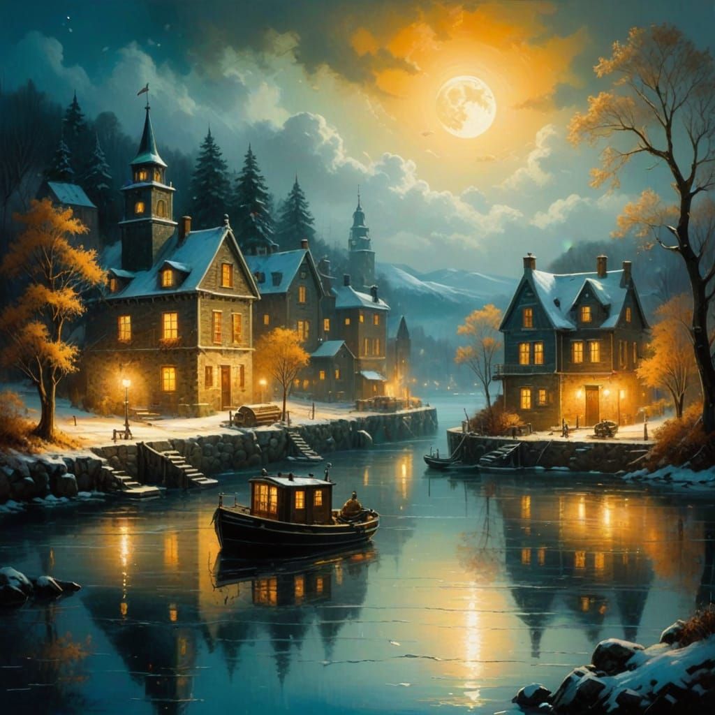 Serene Winter Harbor at Night: Majestic Ships in Icy Waters