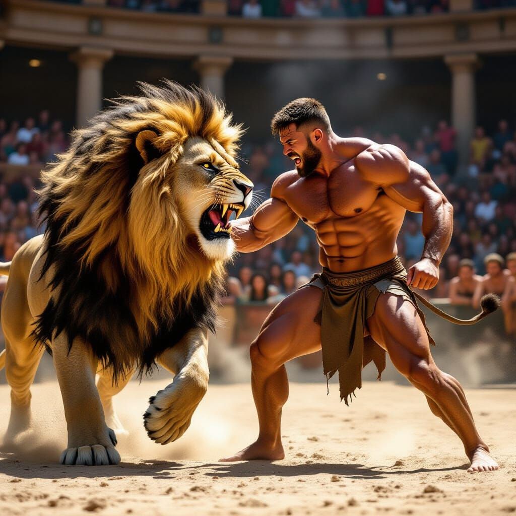 Heroic Battle: Muscular Man Fights Fierce Lion