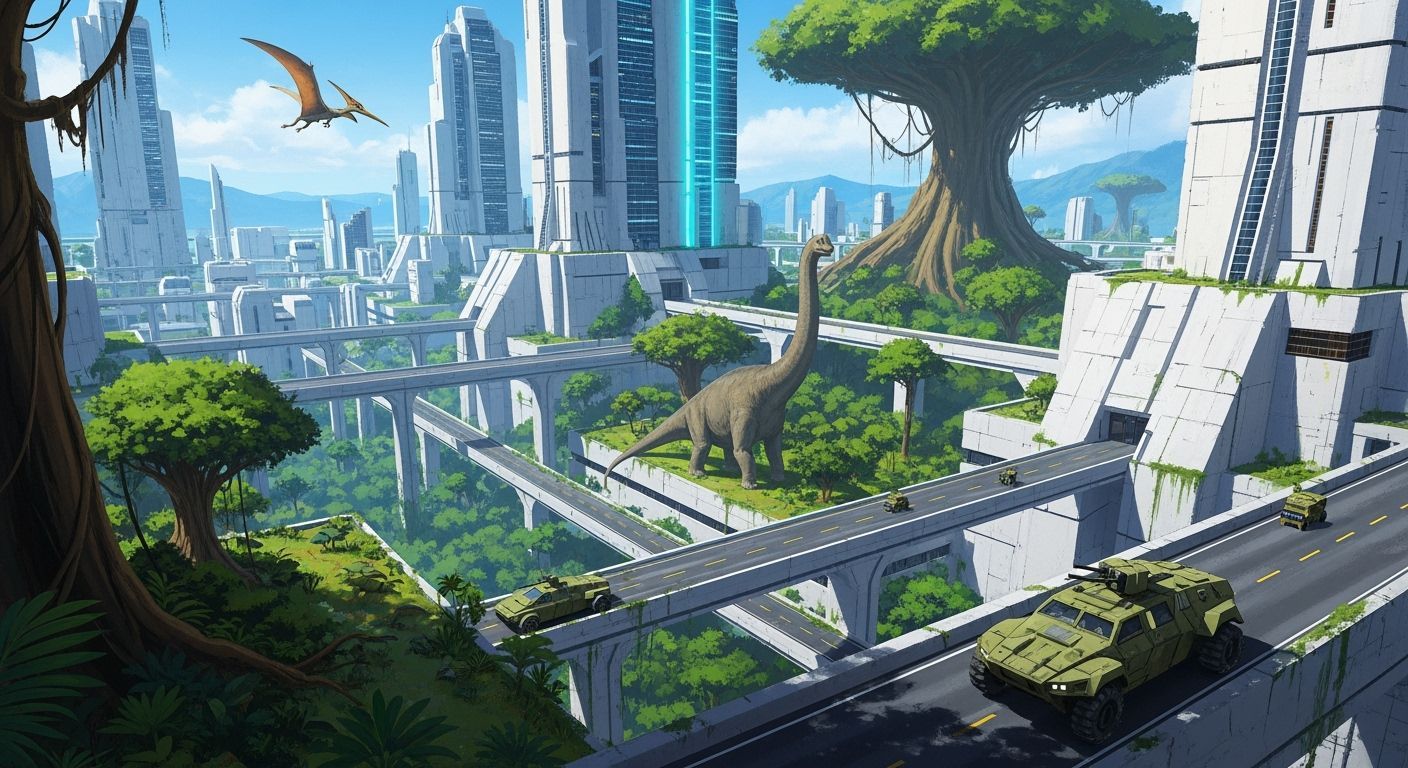 Futuristic Multi-Tiered Cityscape with Jungle and Dinosaurs