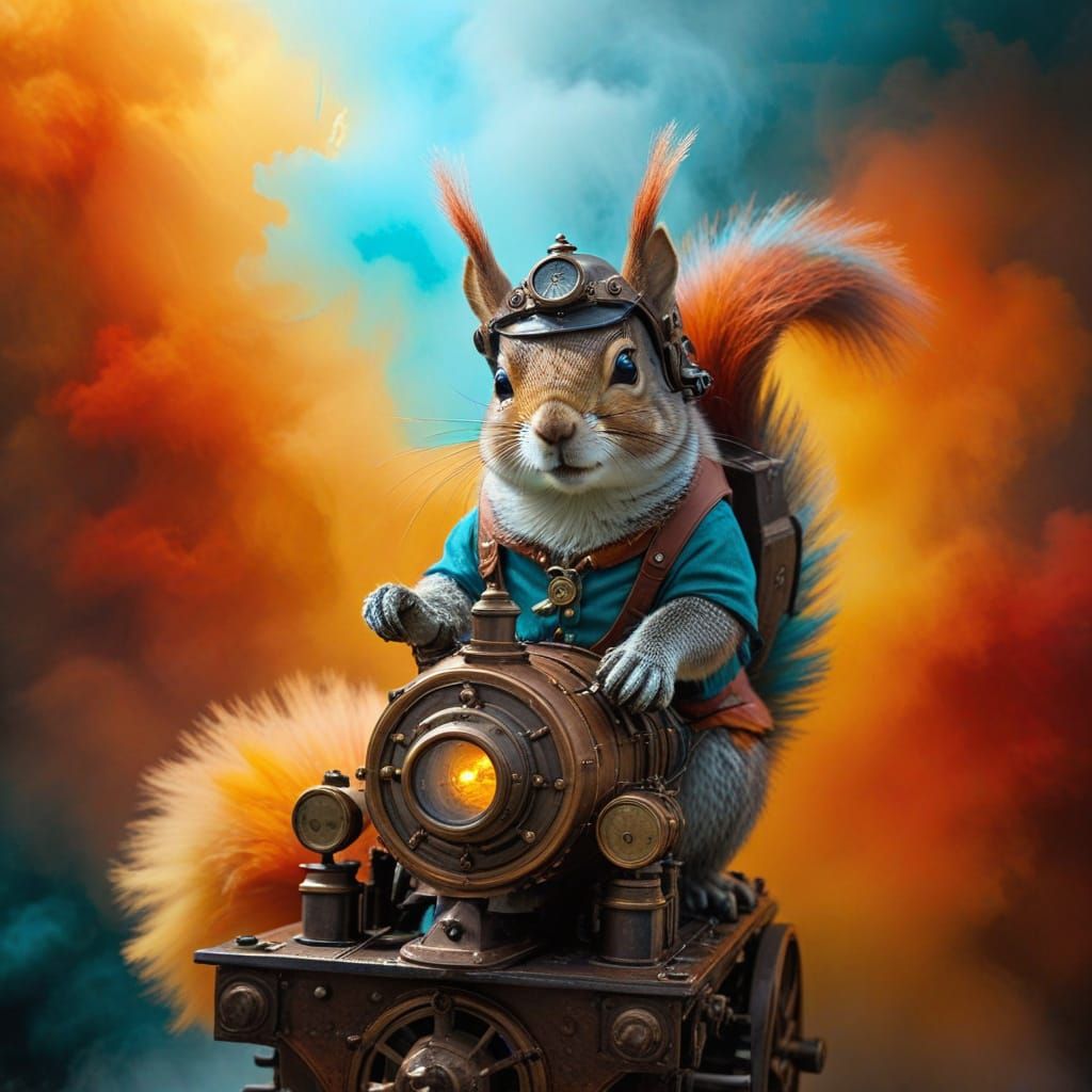 Surreal Steampunk Squirrel Rides Vintage Train in a Whimsica...