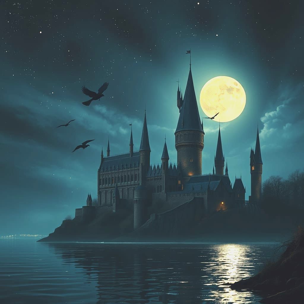 Hogwarts Castle Illuminated by Full Moon and Wizarding Fligh...